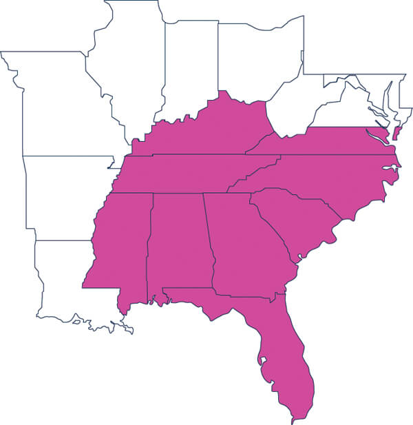 Kentucky / Alabama / Florida / Georgia / Mississippi / North Carolina / South Carolina / Tennessee / Virginia (Southern)