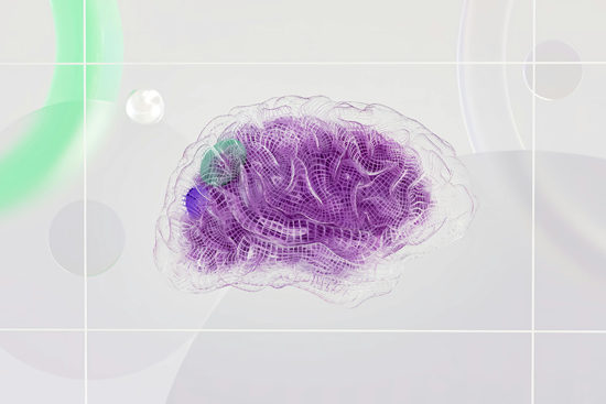 A digital illustration of a mesh grid folded in the shape of a brain with a soft nebulous purple form inside