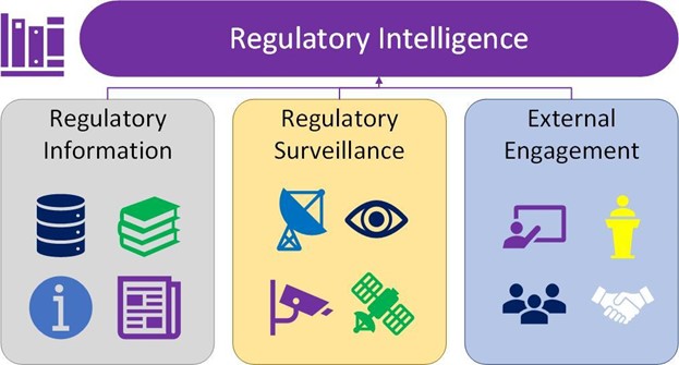 A tree chart breaking down Regulatory Intelligence into the three branches: Regulatory information; regulatory surveilliance; external engagement