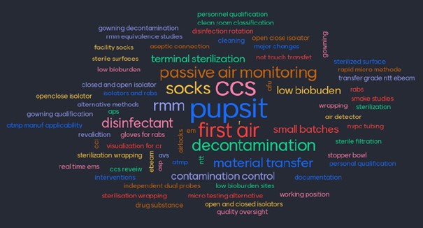 A word cloud against a black background hilighting words like PUPSIT, CCS, RMM, Decontamination, and so on