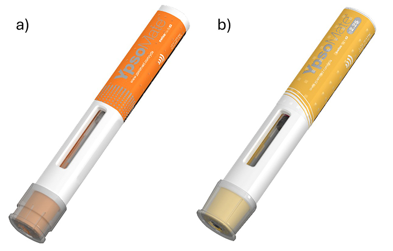 2 Ypsomed branded autoinjectors, 1.0 mL and 2.25 mL
