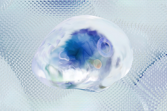Abstract illustration of a plastic or silicone like brain structure against a digitized background