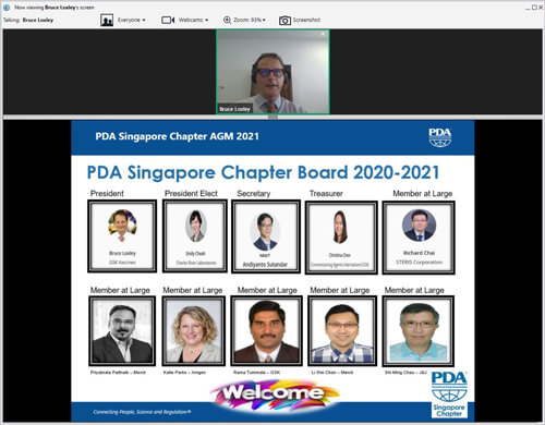 A screengrab of a Zoom meeting, lead by Bruce Loxley at the top of the screen, featuring photos of the Singapore Chapter Board.