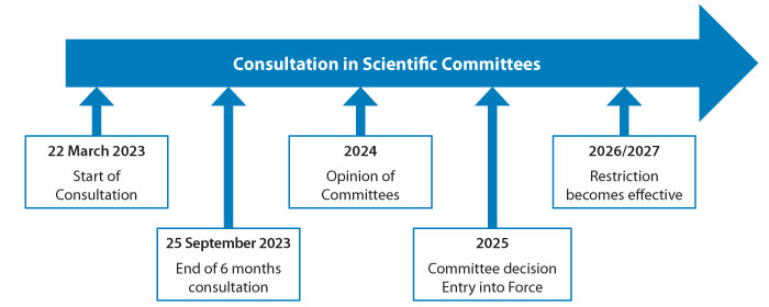 Consultation in Scientific Committees timeline figure spanning from March 2023 through 2027 showing the steps of the restriction process