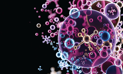 Abstract image of bubble like stuctures resembling chemical bonds in colors of purples, blues, and golds floating over a black field
