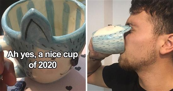First image is a ceramic mug with cat ears. Text says "Ah yes, a nice cup of 2020". Second image shows person drinking from mug with cat ears pressing against their eyelids.