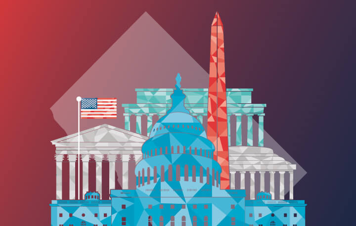 Vetor illustration of various monuments and buildings from Washington DC, including the Capitol Building, against a shape of the District floating over a red and blue gradient field