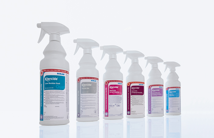 6 different spray bottles containing various ECOLAB disinfectant products