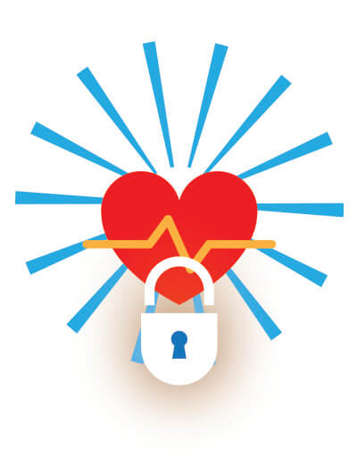 A digital red heart graphic with an EKG rhythm over it, with a white lock icon over it