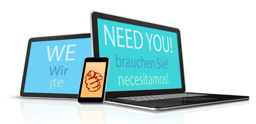1 electonic tablet, 1 laptop, and one phone lined up together to spell out 'WE NEED YOU' in English, German, and Spanish