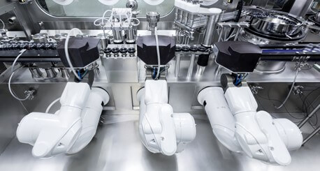A robotic filling line in a pharamaceutical manufacturing facility