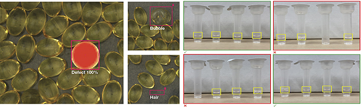 Visual inspection array of images showing pre hilighted problems on various vials